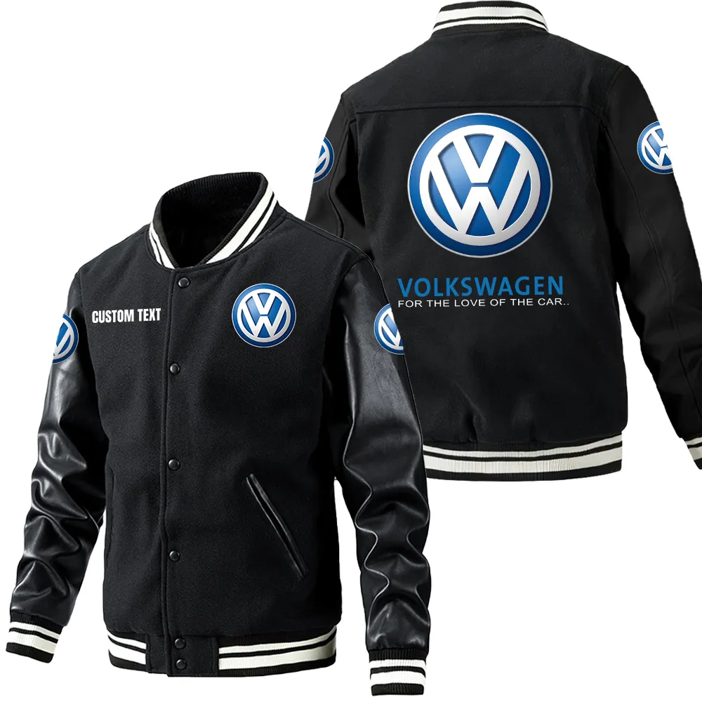 Volkswagen Leder-Baseballjacke für Auto-Fans – Ärmel mit All-Over-Print, personalisierbar mit Wunschname CAR1801112242 - Schwarz