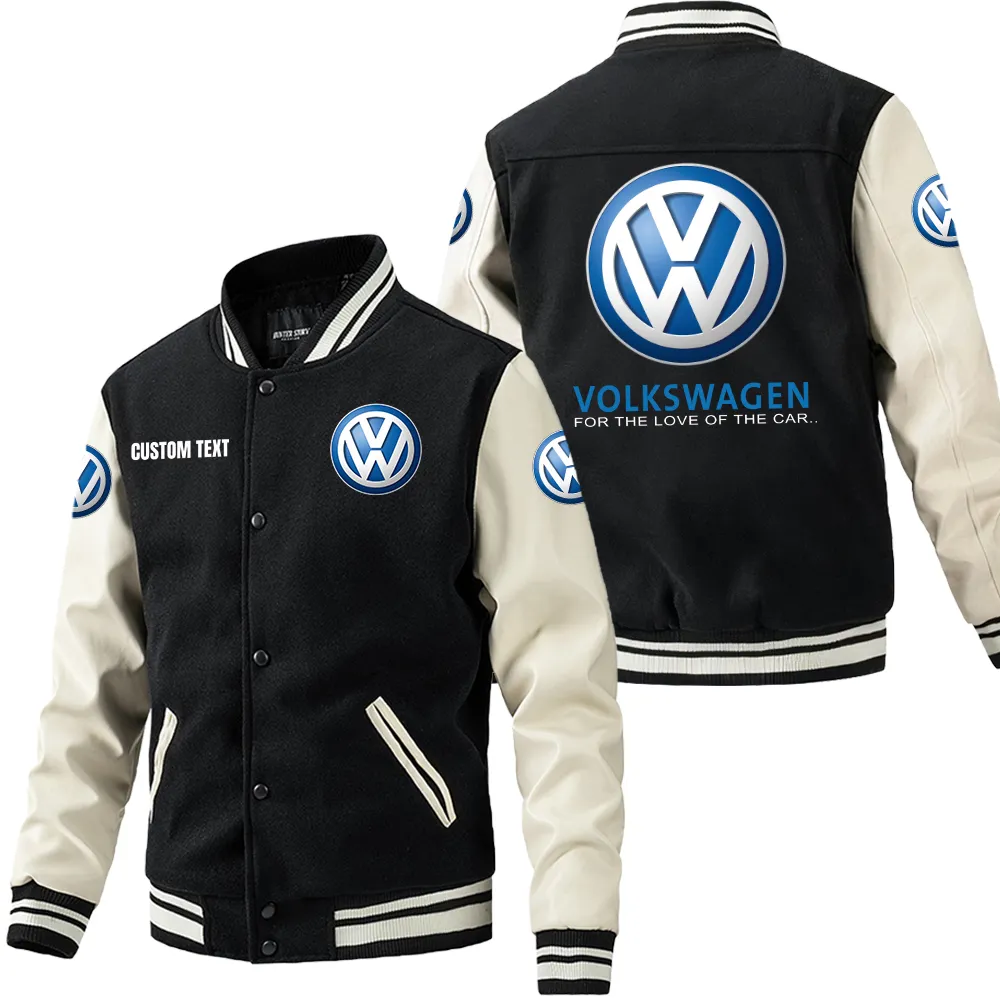 Volkswagen Leder-Baseballjacke für Auto-Fans – Ärmel mit All-Over-Print, personalisierbar mit Wunschname CAR1801112242 - Schwarz Weiß