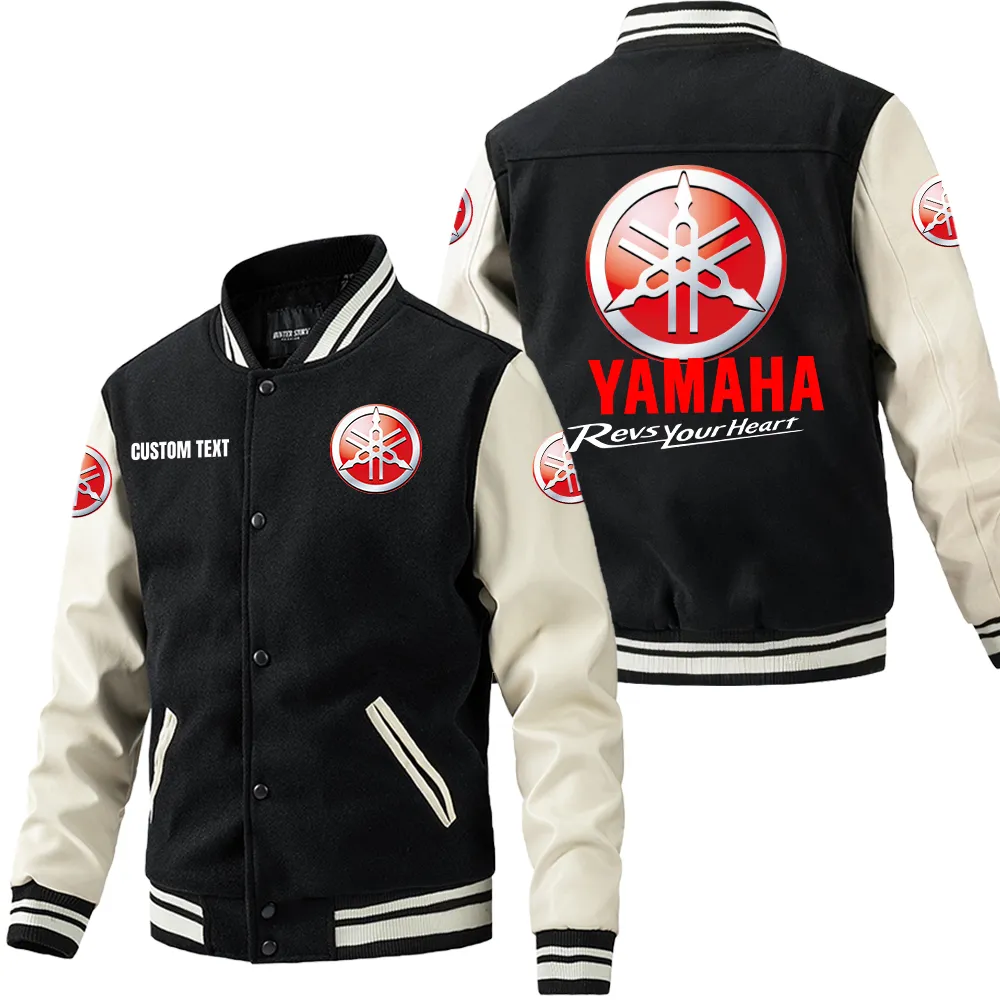 Yamaha Leder-Baseballjacke für Auto-Fans – Ärmel mit All-Over-Print, personalisierbar mit Wunschname CAR1801112246 - Schwarz Weiß