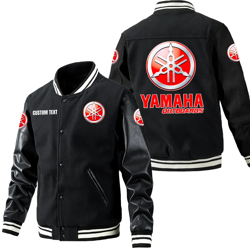 Yamaha Outboards Leder-Baseballjacke für Auto-Fans – Ärmel mit All-Over-Print, personalisierbar mit Wunschname CAR1801112247 - Schwarz