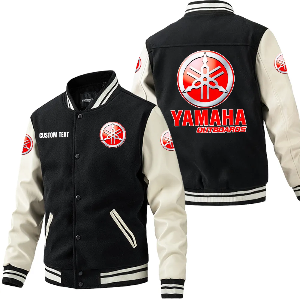 Yamaha Outboards Leder-Baseballjacke für Auto-Fans – Ärmel mit All-Over-Print, personalisierbar mit Wunschname CAR1801112247 - Schwarz Weiß