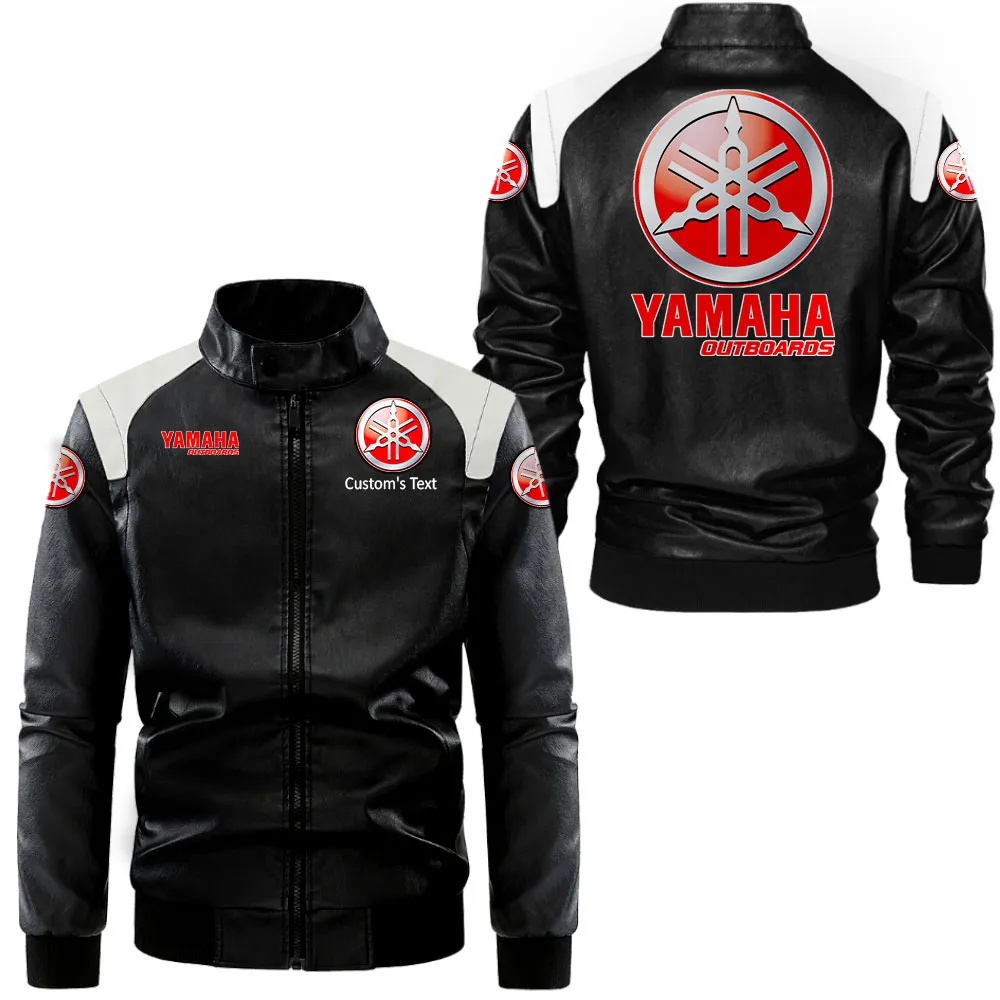 Yamaha Outboards Lederjacke in Schwarz-Weiß für Auto-Fans, Allover-Print, personalisierbar mit Wunschname CAR0801062373