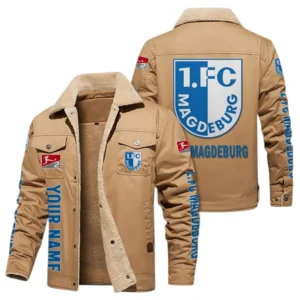 1. FC Magdeburg Jacke mit Fellkragen und Fleece, Ganzflächig bedruckte Jacke mit Fellkragen und Fleece fur 1. FC Magdeburg fans BDE103082125105 - Khaki
