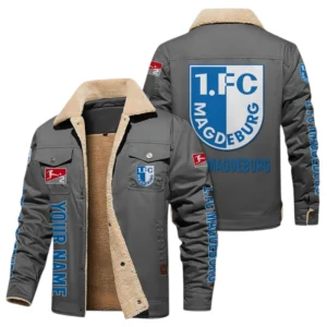 1. FC Magdeburg Jacke mit Fellkragen und Fleece, Ganzflächig bedruckte Jacke mit Fellkragen und Fleece fur 1. FC Magdeburg fans BDE103082125105 - Grau