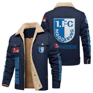 1. FC Magdeburg Jacke mit Fellkragen und Fleece, Ganzflächig bedruckte Jacke mit Fellkragen und Fleece fur 1. FC Magdeburg fans BDE103082125105 - Marineblau