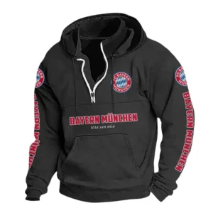 FC Bayern München Hoodie mit Stehkragen, Ganzflächig bedruckte Kapuzenpullover mit Stehkragen fur FC Bayern München fans BDE114082725101 - Schwarz
