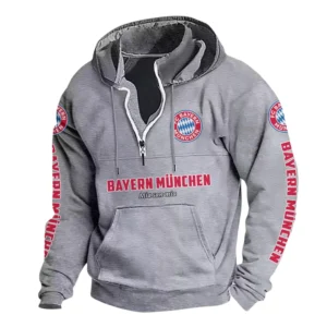 FC Bayern München Hoodie mit Stehkragen, Ganzflächig bedruckte Kapuzenpullover mit Stehkragen fur FC Bayern München fans BDE114082725101 - Grau