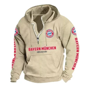 FC Bayern München Hoodie mit Stehkragen, Ganzflächig bedruckte Kapuzenpullover mit Stehkragen fur FC Bayern München fans BDE114082725101 - Khaki