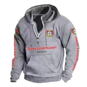 Bayer Leverkusen Hoodie mit Stehkragen, Ganzflächig bedruckte Kapuzenpullover mit Stehkragen fur Bayer Leverkusen fans BDE114082725102 - Grau