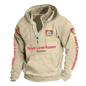 Bayer Leverkusen Hoodie mit Stehkragen, Ganzflächig bedruckte Kapuzenpullover mit Stehkragen fur Bayer Leverkusen fans BDE114082725102 - Khaki