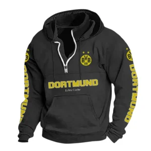 Borussia Dortmund Hoodie mit Stehkragen, Ganzflächig bedruckte Kapuzenpullover mit Stehkragen fur Borussia Dortmund fans BDE114082725103 - Schwarz