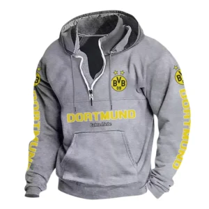 Borussia Dortmund Hoodie mit Stehkragen, Ganzflächig bedruckte Kapuzenpullover mit Stehkragen fur Borussia Dortmund fans BDE114082725103 - Grau