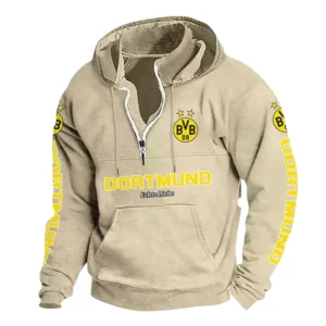 Borussia Dortmund Hoodie mit Stehkragen, Ganzflächig bedruckte Kapuzenpullover mit Stehkragen fur Borussia Dortmund fans BDE114082725103 - Khaki