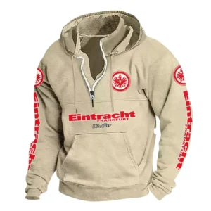 Eintracht Frankfurt Hoodie mit Stehkragen, Ganzflächig bedruckte Kapuzenpullover mit Stehkragen fur Eintracht Frankfurt fans BDE114082725105 - Khaki