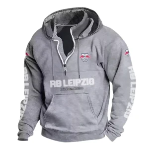 RB Leipzig Hoodie mit Stehkragen, Ganzflächig bedruckte Kapuzenpullover mit Stehkragen fur RB Leipzig fans BDE114082725106 - Grau