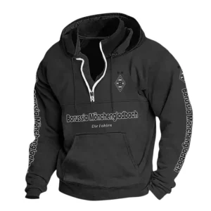 Borussia Mönchengladbach Hoodie mit Stehkragen, Ganzflächig bedruckte Kapuzenpullover mit Stehkragen fur Borussia Mönchengladbach fans BDE114082725107 - Schwarz