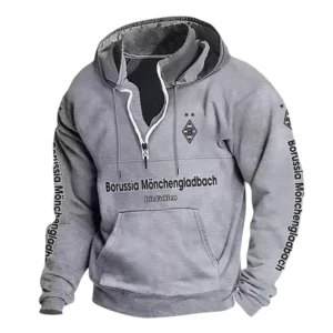 Borussia Mönchengladbach Hoodie mit Stehkragen, Ganzflächig bedruckte Kapuzenpullover mit Stehkragen fur Borussia Mönchengladbach fans BDE114082725107 - Grau