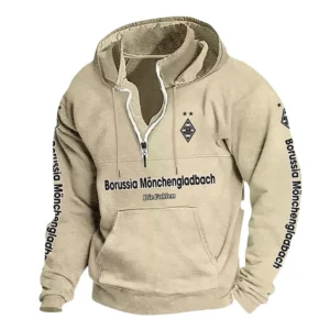 Borussia Mönchengladbach Hoodie mit Stehkragen, Ganzflächig bedruckte Kapuzenpullover mit Stehkragen fur Borussia Mönchengladbach fans BDE114082725107 - Khaki
