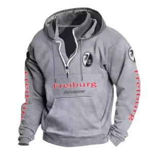 SC Freiburg Hoodie mit Stehkragen, Ganzflächig bedruckte Kapuzenpullover mit Stehkragen fur SC Freiburg fans BDE114082725110 - Grau