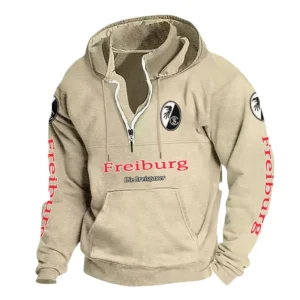 SC Freiburg Hoodie mit Stehkragen, Ganzflächig bedruckte Kapuzenpullover mit Stehkragen fur SC Freiburg fans BDE114082725110 - Khaki