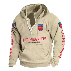 1. FC Heidenheim Hoodie mit Stehkragen, Ganzflächig bedruckte Kapuzenpullover mit Stehkragen fur 1. FC Heidenheim fans BDE114082725111 - Khaki