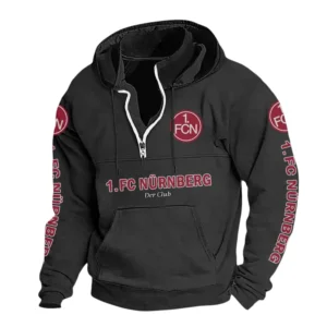 1. FC Nürnberg Hoodie mit Stehkragen, Ganzflächig bedruckte Kapuzenpullover mit Stehkragen fur 1. FC Nürnberg fans BDE114082725112 - Schwarz
