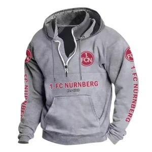 1. FC Nürnberg Hoodie mit Stehkragen, Ganzflächig bedruckte Kapuzenpullover mit Stehkragen fur 1. FC Nürnberg fans BDE114082725112 - Grau