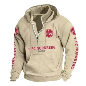 1. FC Nürnberg Hoodie mit Stehkragen, Ganzflächig bedruckte Kapuzenpullover mit Stehkragen fur 1. FC Nürnberg fans BDE114082725112 - Khaki
