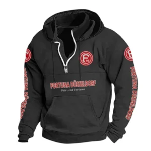 Fortuna Düsseldorf Hoodie mit Stehkragen, Ganzflächig bedruckte Kapuzenpullover mit Stehkragen fur Fortuna Düsseldorf fans BDE114082725113 - Schwarz