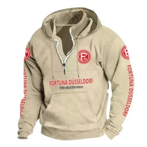 Fortuna Düsseldorf Hoodie mit Stehkragen, Ganzflächig bedruckte Kapuzenpullover mit Stehkragen fur Fortuna Düsseldorf fans BDE114082725113 - Khaki
