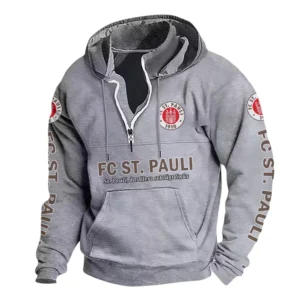 FC St. Pauli Hoodie mit Stehkragen, Ganzflächig bedruckte Kapuzenpullover mit Stehkragen fur FC St. Pauli fans BDE114082725114 - Grau
