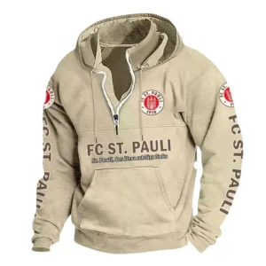 FC St. Pauli Hoodie mit Stehkragen, Ganzflächig bedruckte Kapuzenpullover mit Stehkragen fur FC St. Pauli fans BDE114082725114 - Khaki