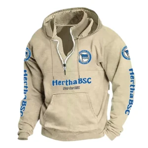 Hertha BSC Hoodie mit Stehkragen, Ganzflächig bedruckte Kapuzenpullover mit Stehkragen fur Hertha BSC fans BDE114082725116 - Khaki