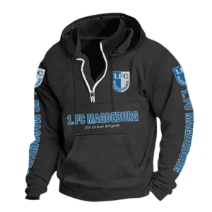 1. FC Magdeburg Hoodie mit Stehkragen, Ganzflächig bedruckte Kapuzenpullover mit Stehkragen fur 1. FC Magdeburg fans BDE114082725118 - Schwarz