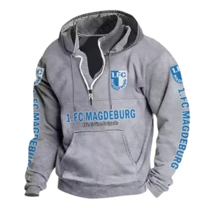 1. FC Magdeburg Hoodie mit Stehkragen, Ganzflächig bedruckte Kapuzenpullover mit Stehkragen fur 1. FC Magdeburg fans BDE114082725118 - Grau