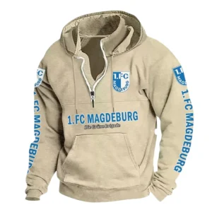 1. FC Magdeburg Hoodie mit Stehkragen, Ganzflächig bedruckte Kapuzenpullover mit Stehkragen fur 1. FC Magdeburg fans BDE114082725118 - Khaki