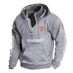 VfB Stuttgart Hoodie mit Stehkragen, Ganzflächig bedruckte Kapuzenpullover mit Stehkragen fur VfB Stuttgart fans BDE114082725120 - Grau