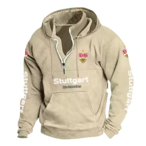 VfB Stuttgart Hoodie mit Stehkragen, Ganzflächig bedruckte Kapuzenpullover mit Stehkragen fur VfB Stuttgart fans BDE114082725120 - Khaki