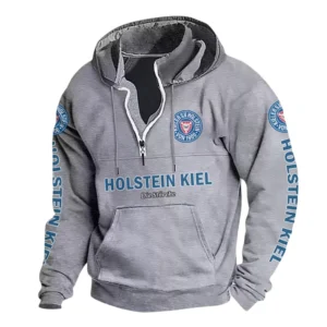 Holstein Kiel Hoodie mit Stehkragen, Ganzflächig bedruckte Kapuzenpullover mit Stehkragen fur Holstein Kiel fans BDE114082725122 - Grau