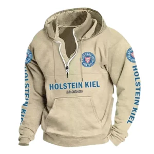 Holstein Kiel Hoodie mit Stehkragen, Ganzflächig bedruckte Kapuzenpullover mit Stehkragen fur Holstein Kiel fans BDE114082725122 - Khaki