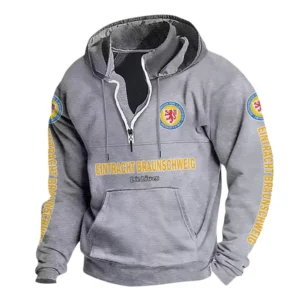 Eintracht Braunschweig Hoodie mit Stehkragen, Ganzflächig bedruckte Kapuzenpullover mit Stehkragen fur Eintracht Braunschweig fans BDE114082725123 - Grau