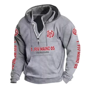 1. FSV Mainz 05 Hoodie mit Stehkragen, Ganzflächig bedruckte Kapuzenpullover mit Stehkragen fur 1. FSV Mainz 05 fans BDE114082725125 - Grau