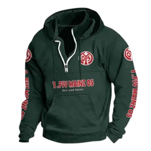 1. FSV Mainz 05 Hoodie mit Stehkragen, Ganzflächig bedruckte Kapuzenpullover mit Stehkragen fur 1. FSV Mainz 05 fans BDE114082725125 - Grün