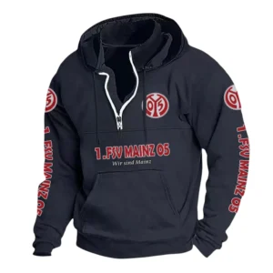 1. FSV Mainz 05 Hoodie mit Stehkragen, Ganzflächig bedruckte Kapuzenpullover mit Stehkragen fur 1. FSV Mainz 05 fans BDE114082725125 - Marineblau