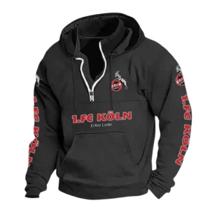 1. FC Köln Hoodie mit Stehkragen, Ganzflächig bedruckte Kapuzenpullover mit Stehkragen fur 1. FC Köln fans BDE114082725126 - Schwarz