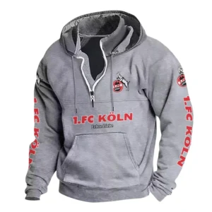 1. FC Köln Hoodie mit Stehkragen, Ganzflächig bedruckte Kapuzenpullover mit Stehkragen fur 1. FC Köln fans BDE114082725126 - Grau
