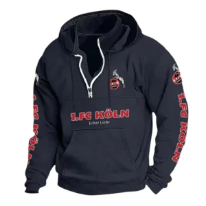 1. FC Köln Hoodie mit Stehkragen, Ganzflächig bedruckte Kapuzenpullover mit Stehkragen fur 1. FC Köln fans BDE114082725126 - Marineblau