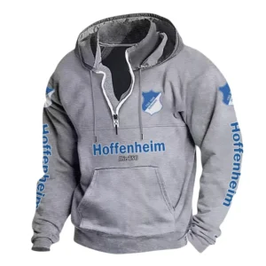 TSG Hoffenheim Hoodie mit Stehkragen, Ganzflächig bedruckte Kapuzenpullover mit Stehkragen fur TSG Hoffenheim fans BDE114082725127 - Grau