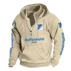 TSG Hoffenheim Hoodie mit Stehkragen, Ganzflächig bedruckte Kapuzenpullover mit Stehkragen fur TSG Hoffenheim fans BDE114082725127 - Khaki