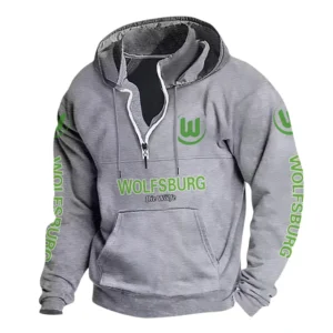VfL Wolfsburg Hoodie mit Stehkragen, Ganzflächig bedruckte Kapuzenpullover mit Stehkragen fur VfL Wolfsburg fans BDE114082725128 - Grau